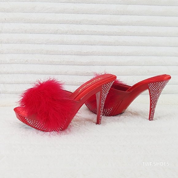 Your Majesty Red Marabou Feather Rhinestone Platform Slip On Slides - Picture 2 of 10